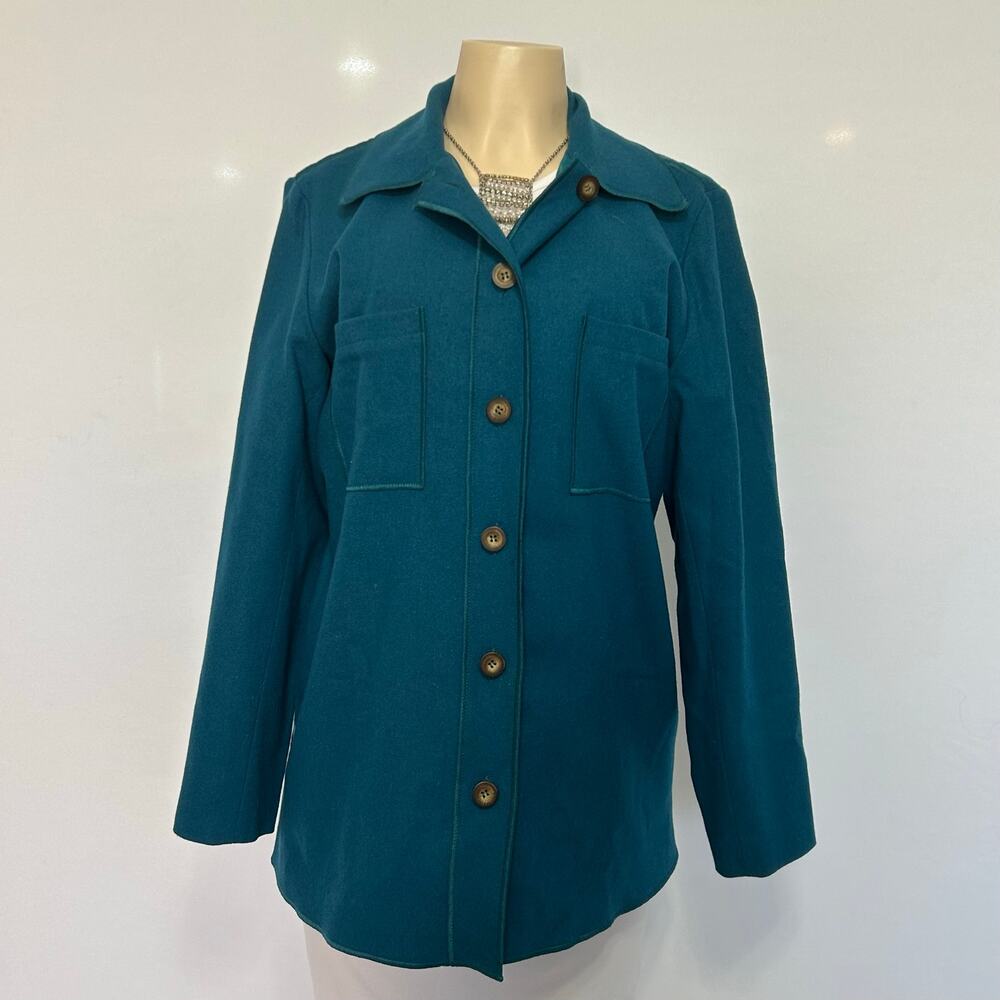 Harve Benard 100% Wool Shirt Jacket Womens 12 Teal Button Front Overshirt